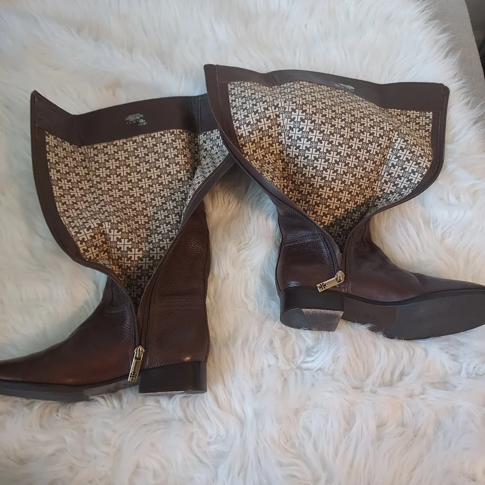 Tory Burch Julian Deep Brown Pebble Leather Riding Boots with Equestrian Style
